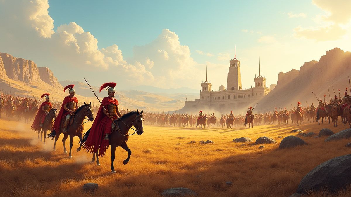 Campo de batalla macedonio con soldados y caballos.