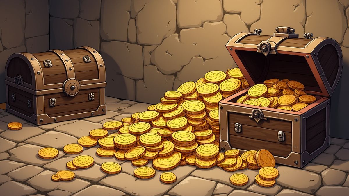 Monedas y cofres del tesoro en un entorno antiguo.