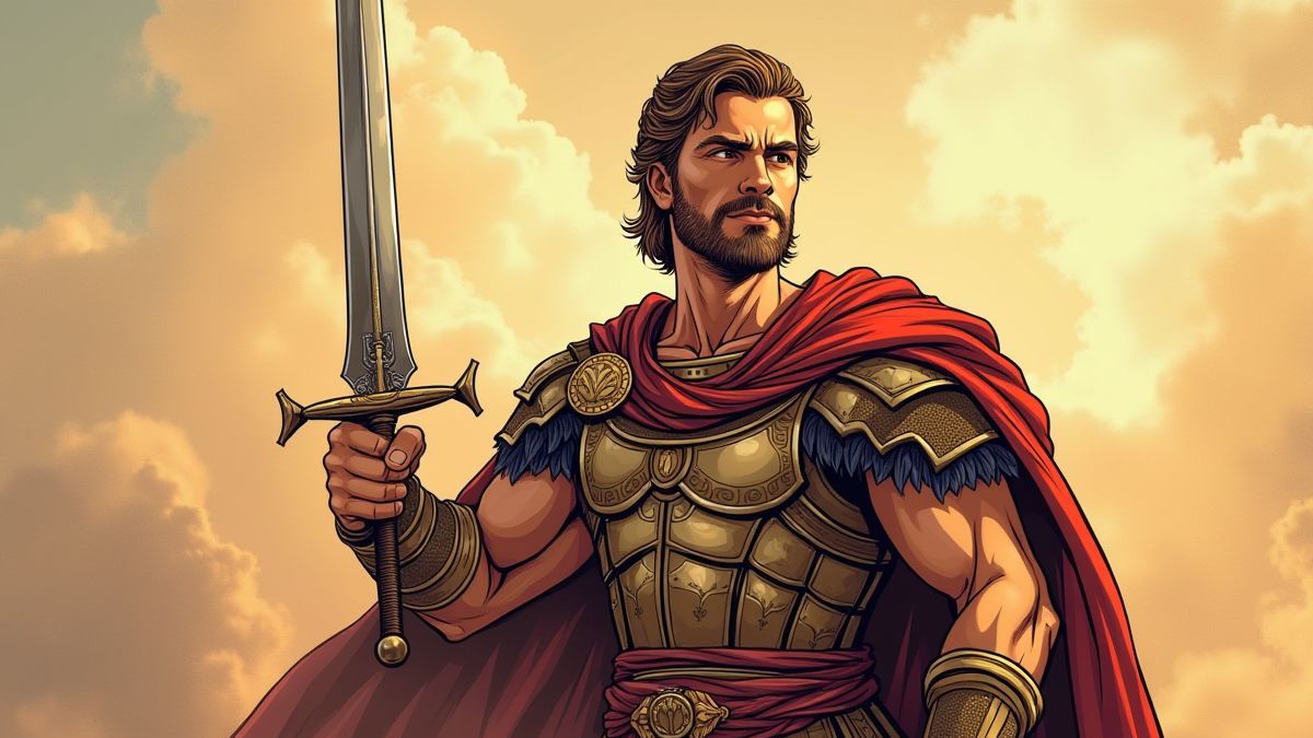 Alejandro Magno sosteniendo una espada en una pose majestuosa.
