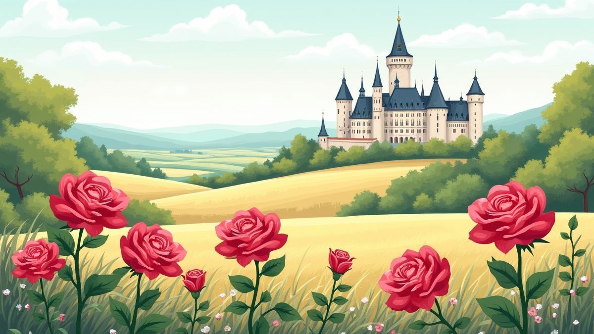 French countryside with roses and medieval castle
