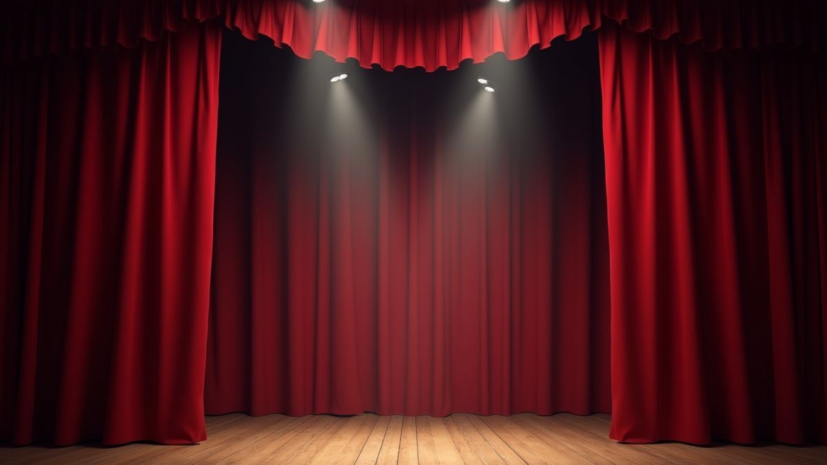 Escenario cómico retro con cortinas y focos.