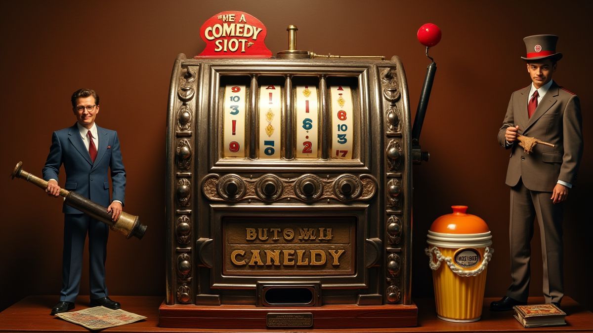 Escenario temático de comedia clásica con elementos de tragamonedas vintage y accesorios humorísticos.