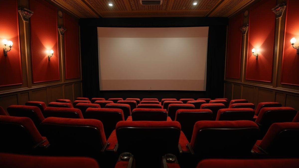 Teatro vintage con asientos y pantalla de proyector.
