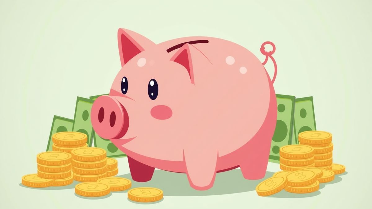 Hucha de cerdito caricaturesca rodeada de monedas y billetes.