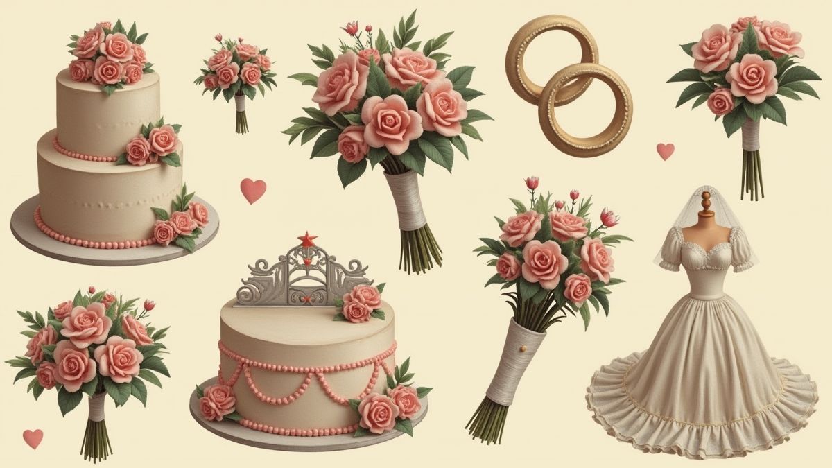 Image of vintage wedding items with a humorous twist.