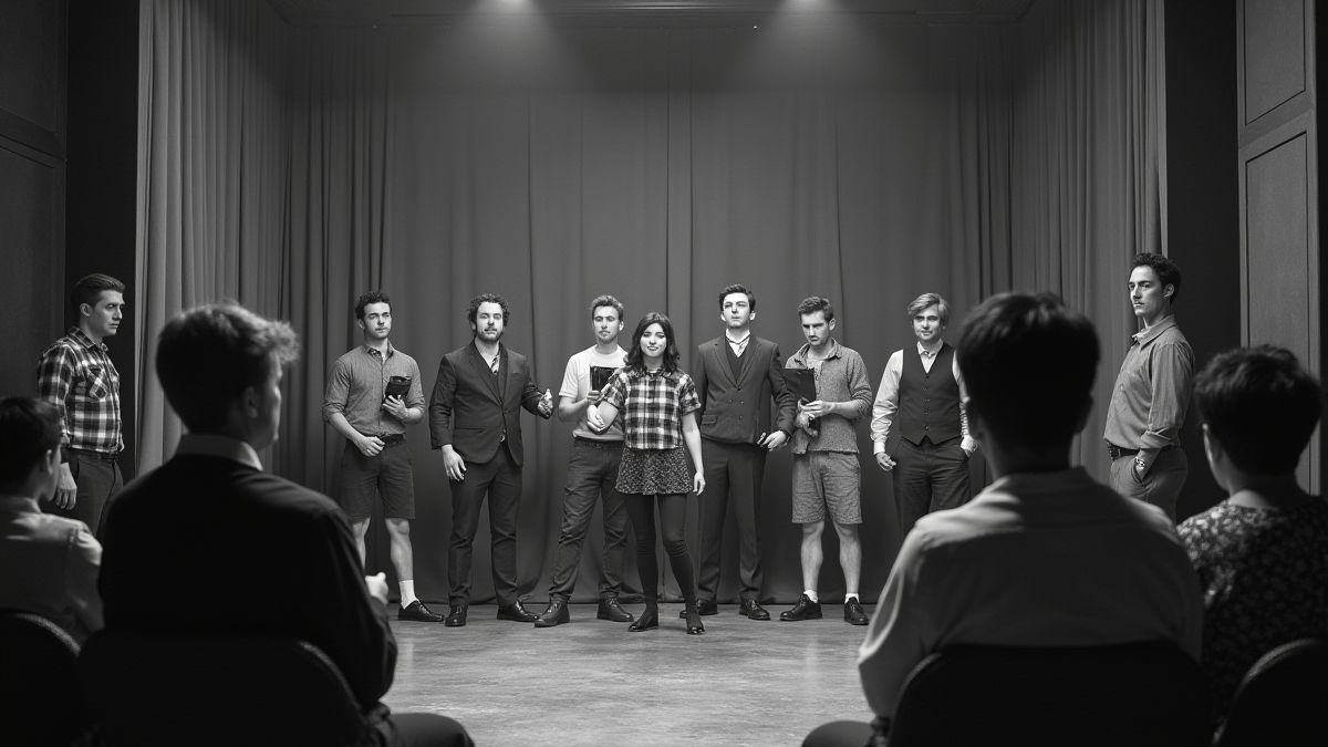 Black-and-white comedy movie set with exaggerated elements.