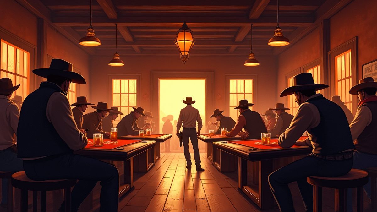 Saloon du vieux ouest avec des tables de poker et des cowboys.