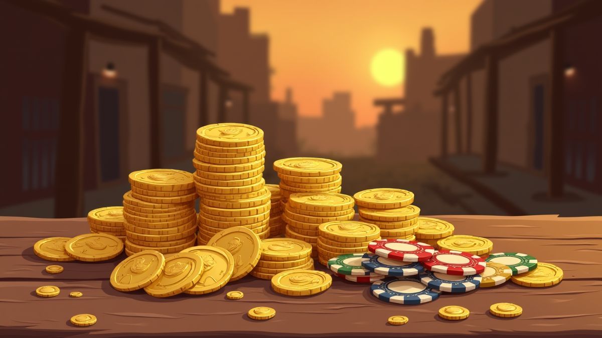 Tas de pièces d'or et de jetons de poker dans un environnement du vieux ouest.