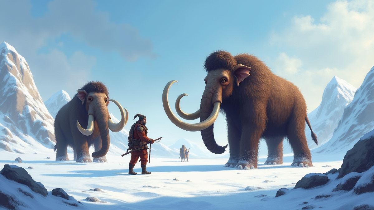 Mammuts und Höhlenmenschen in einer verschneiten Landschaft.
