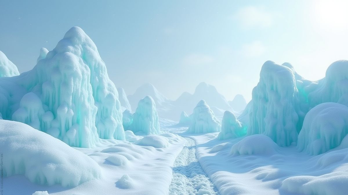 Verschneite Landschaft mit geschnitzten Eisblöcken.