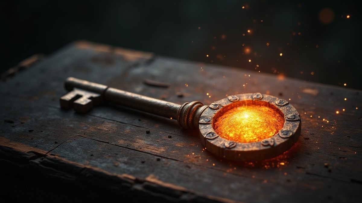 A glowing ancient key on a wooden table.