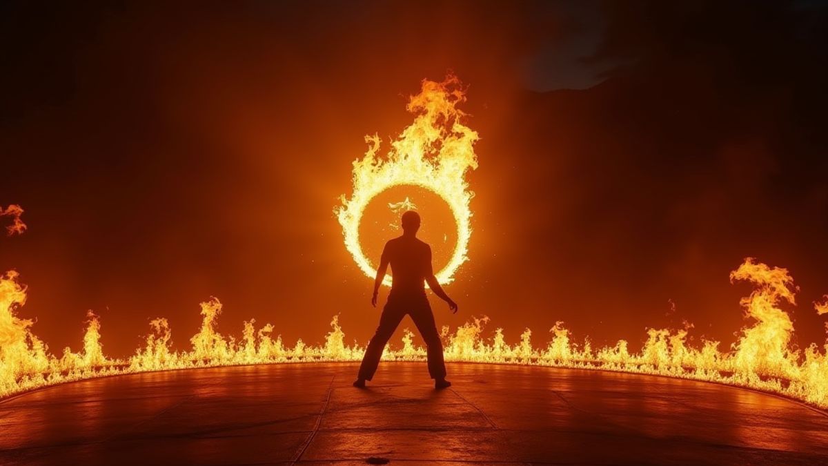 Artista tragafuegos em um circo escuro