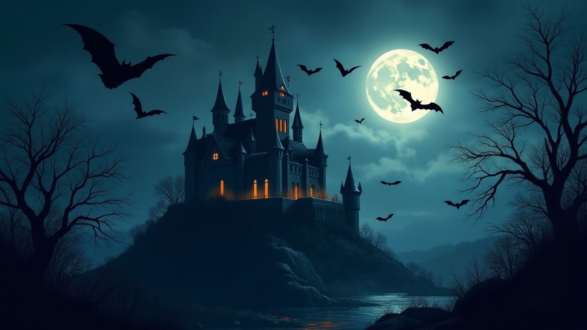 Gothisch kasteel omringd door vleermuizen onder een volle maan.
