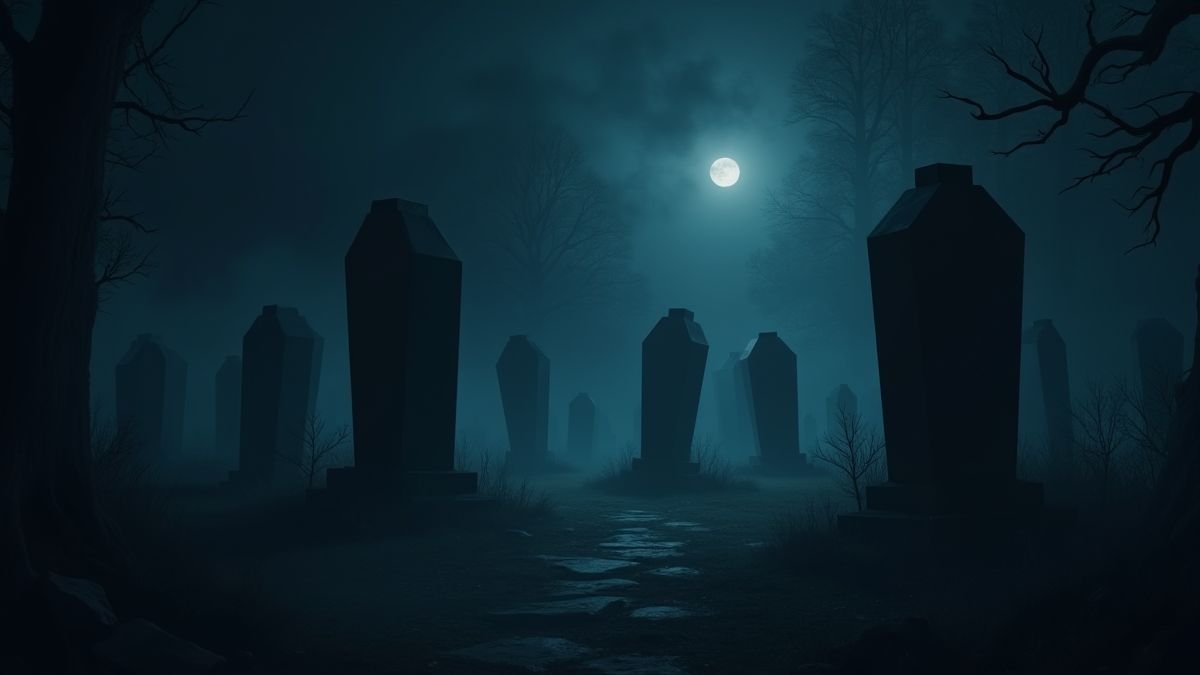 Een donkere begraafplaats met kisten omringd door mist.