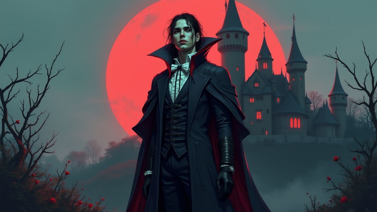 Een elegante vampier voor een gothic kasteel.