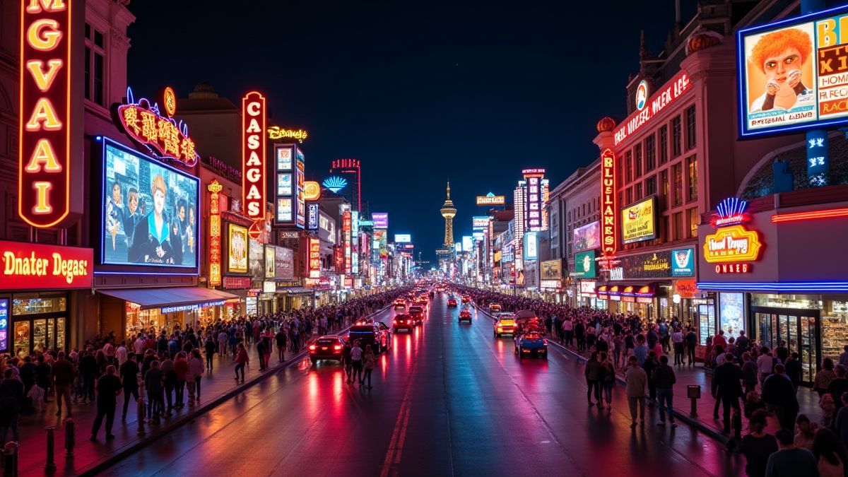 Vista noturna do Strip de Las Vegas com luzes néon e cassinos.