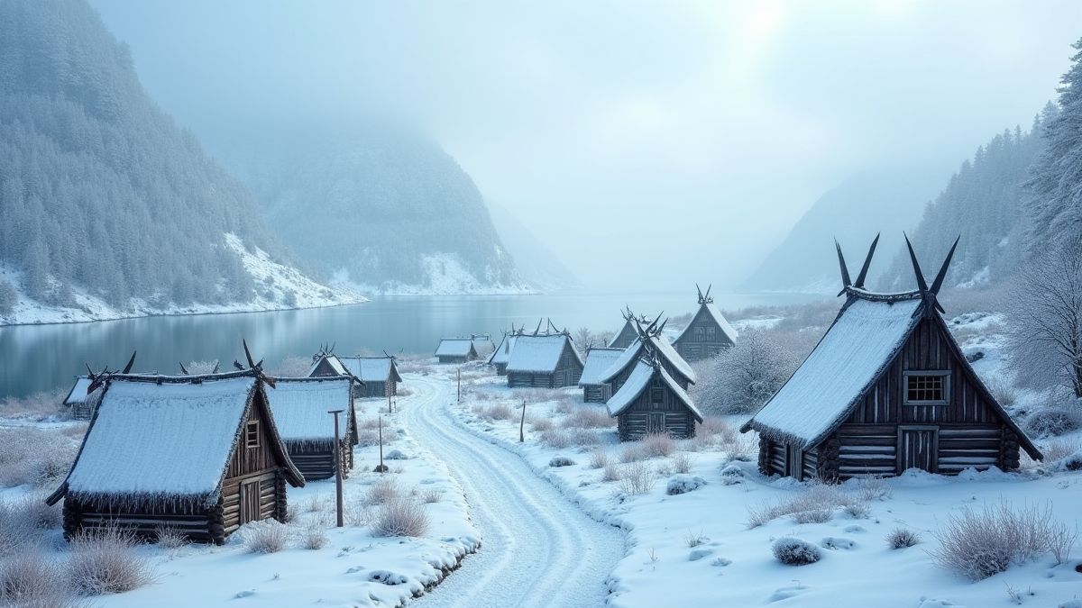 Una aldea vikinga nevada rodeada de fiordos.