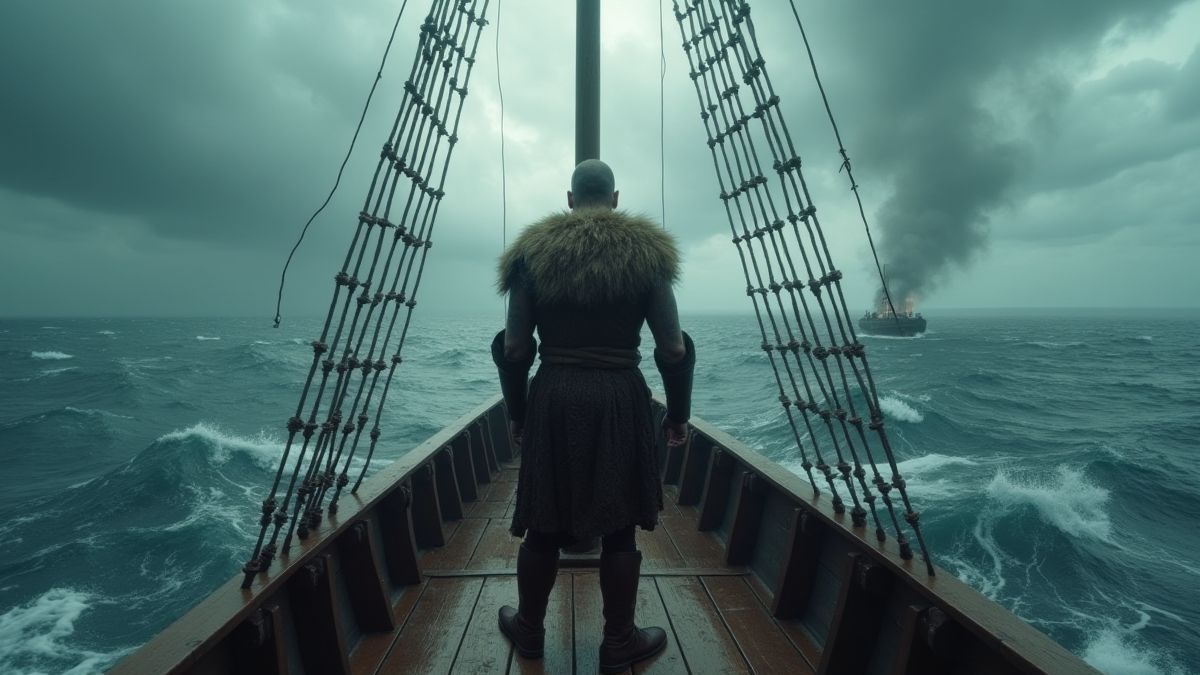 Un guerrero vikingo en la cubierta de un barco en una tormenta.