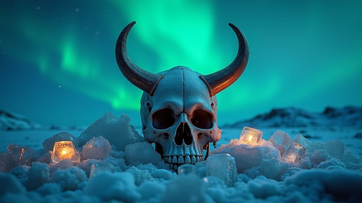 Wikinger-Schädel umgeben von gefrorenen Schätzen unter dem Nordlicht.