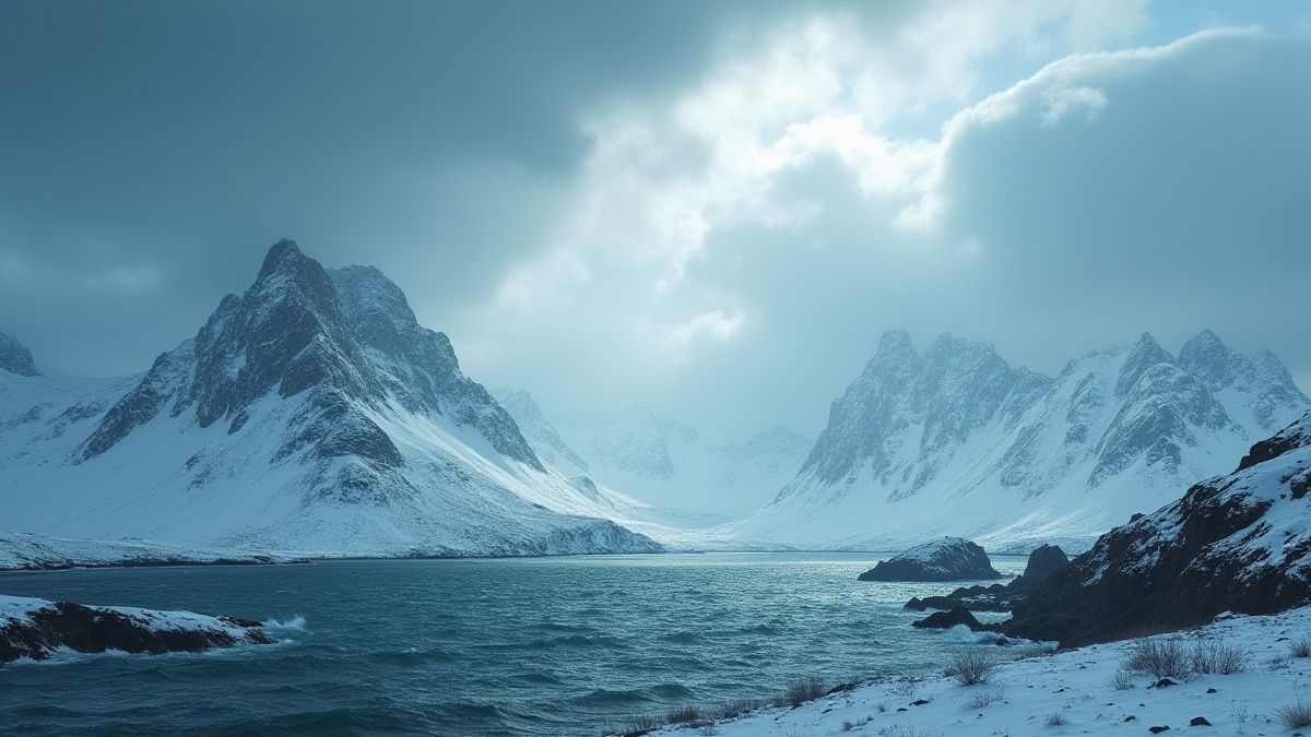 Paisagem viking com montanhas nevadas e mar tempestuoso.