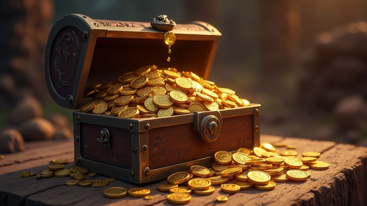 Cofre do tesouro transbordando de moedas de ouro e joias em um ambiente viking.