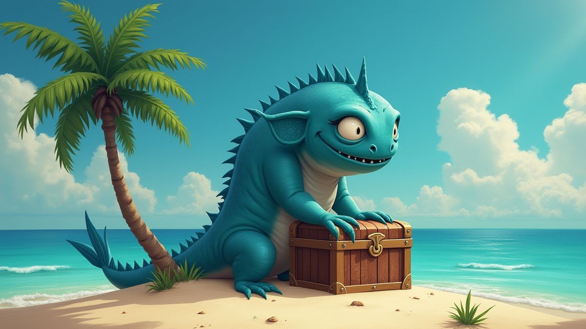 Mythical creature guarding a treasure chest on a deserted island.