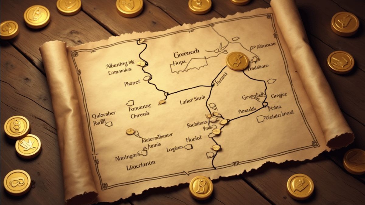 Treasure map with marked locations and gold coins scattered around.