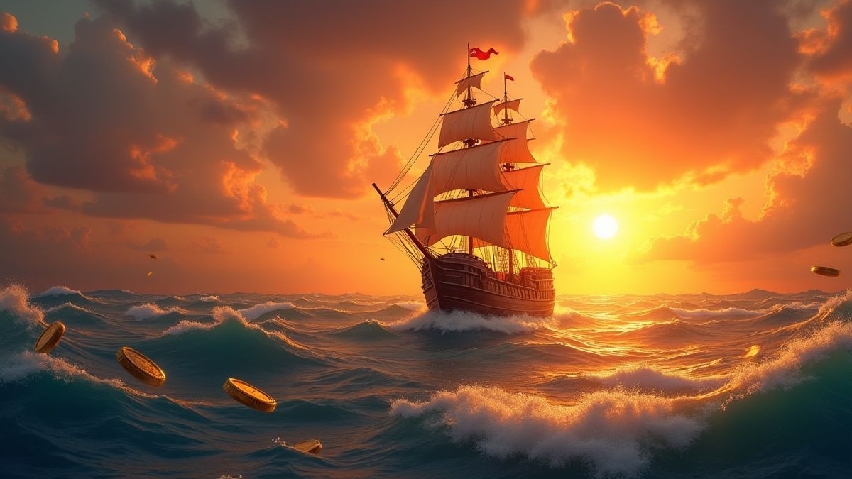 Pirate ship sailing towards the sunset with gold coins in the waves.