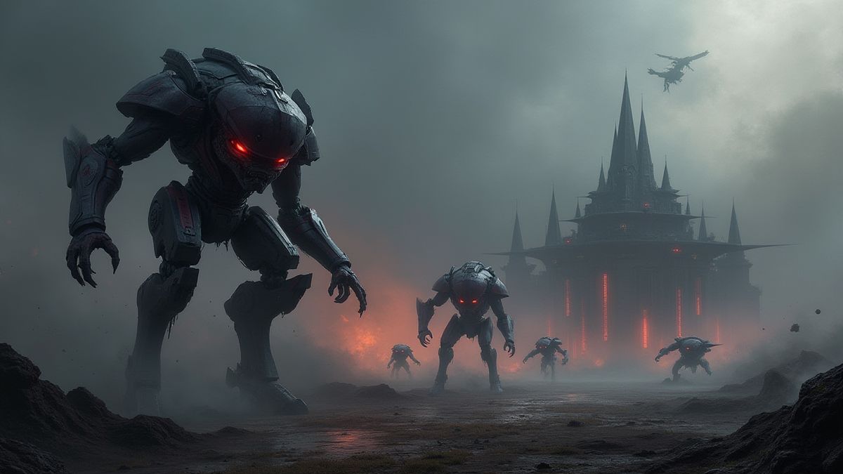 Champ de bataille futuriste avec des machines extraterrestres.