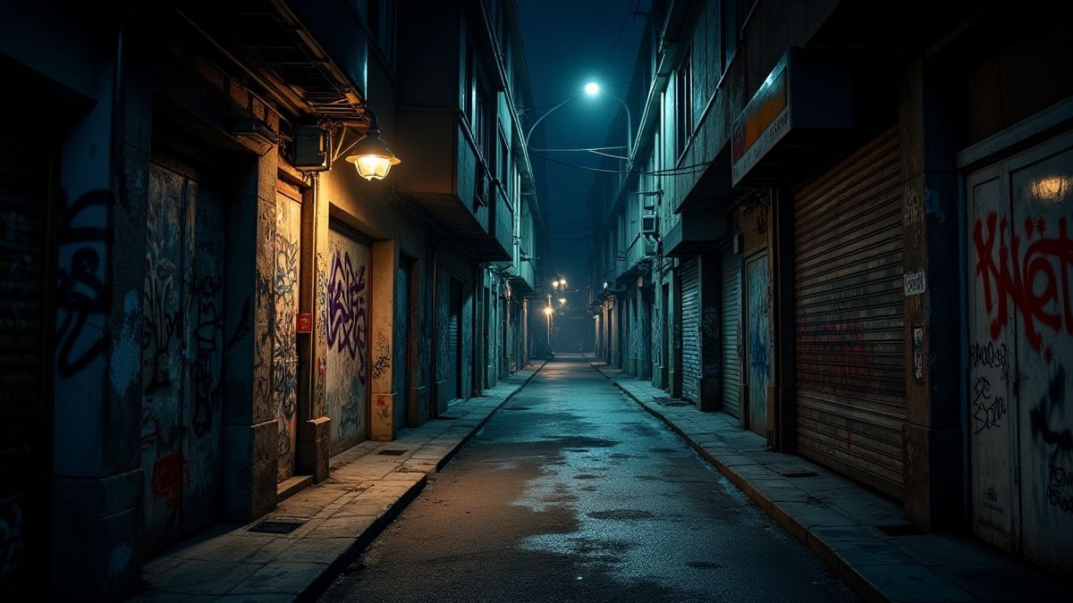 Un callejón urbano con grafitis y farolas tenues que reflejan la temática de la slot.
