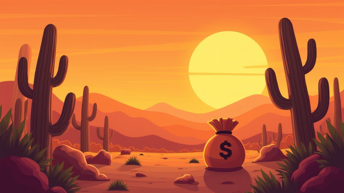 A sunset in the desert with cacti and a money bag.