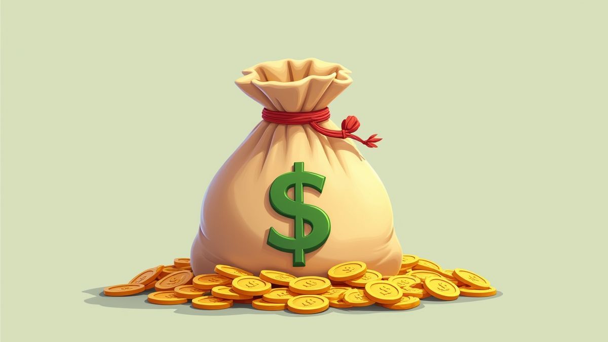 A cartoon-style money bag with gold coins.