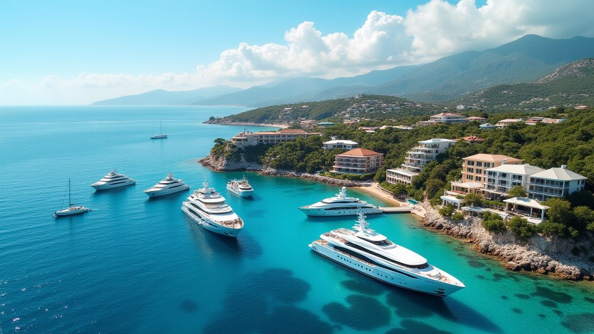 Une côte luxueuse avec des yachts et des manoirs.