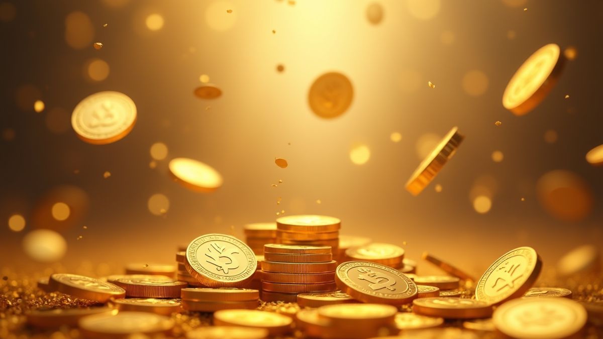 Monnaies dorées et objets de luxe tombant du ciel.