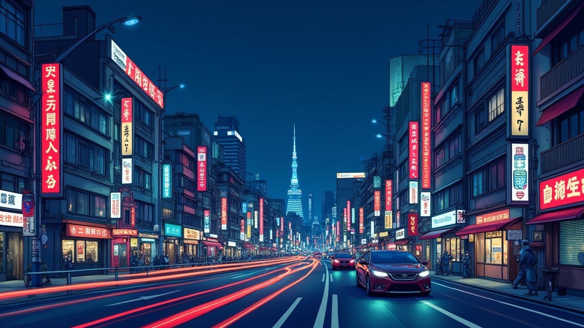 Vista noturna de Tóquio com cartazes de néon e carros em movimento.