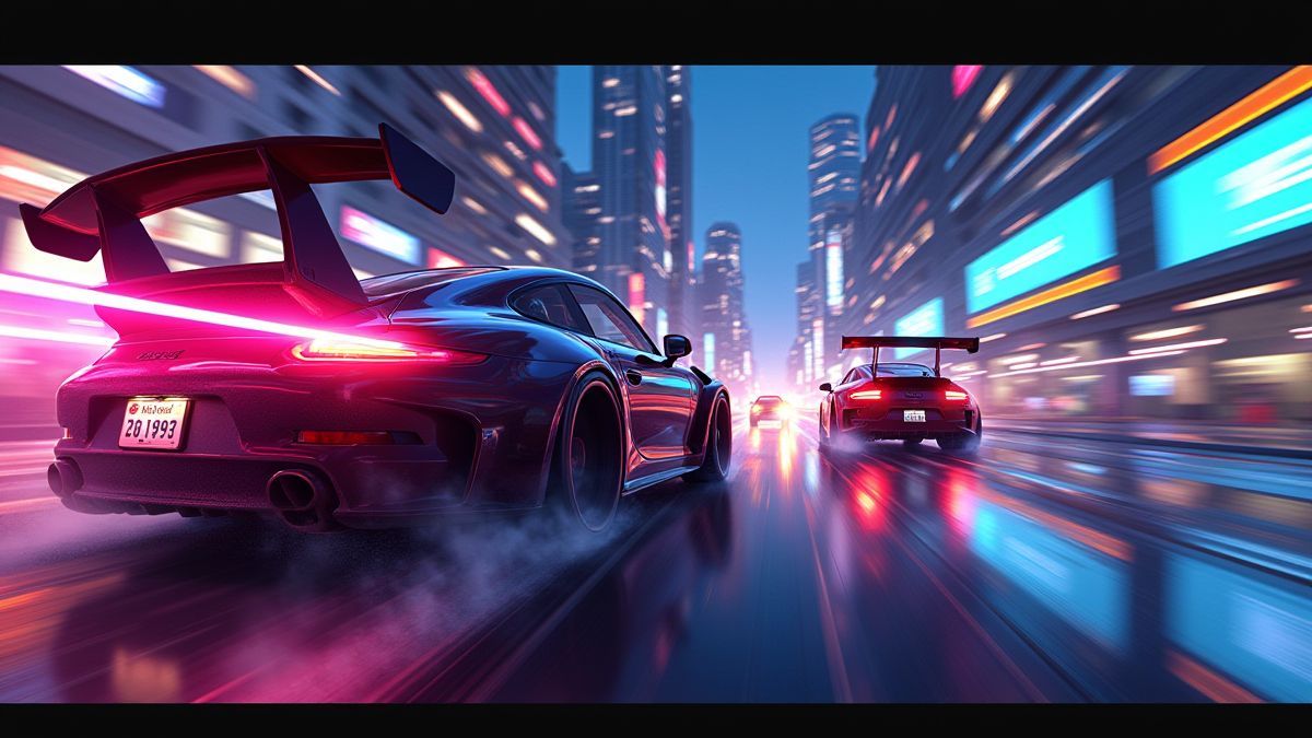 Cena de perseguição de carros com luzes néon.