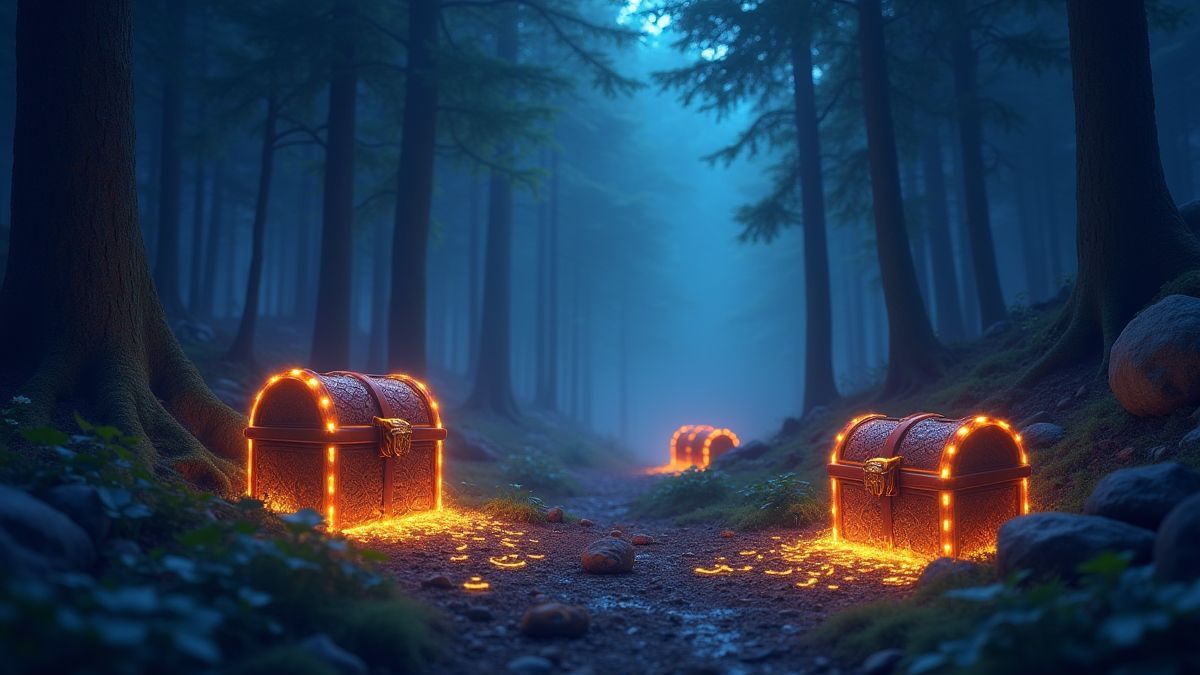Cofres del tesoro brillantes escondidos en un bosque mágico.