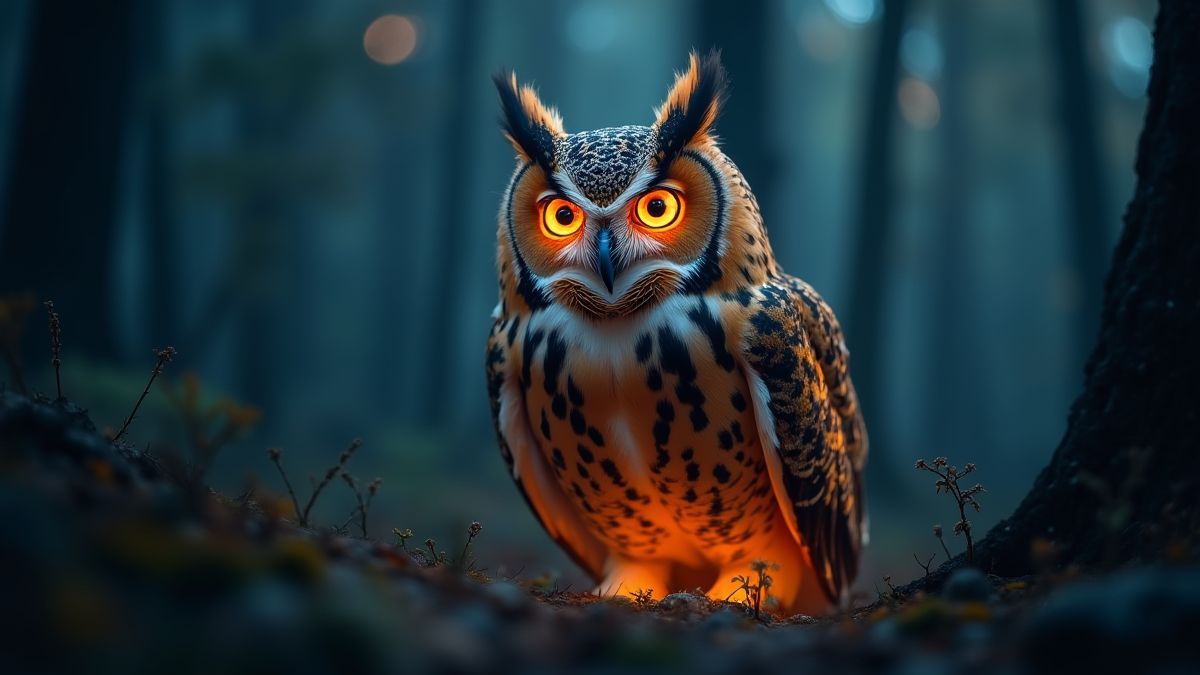 Un búho majestuoso brillando en un entorno de bosque.