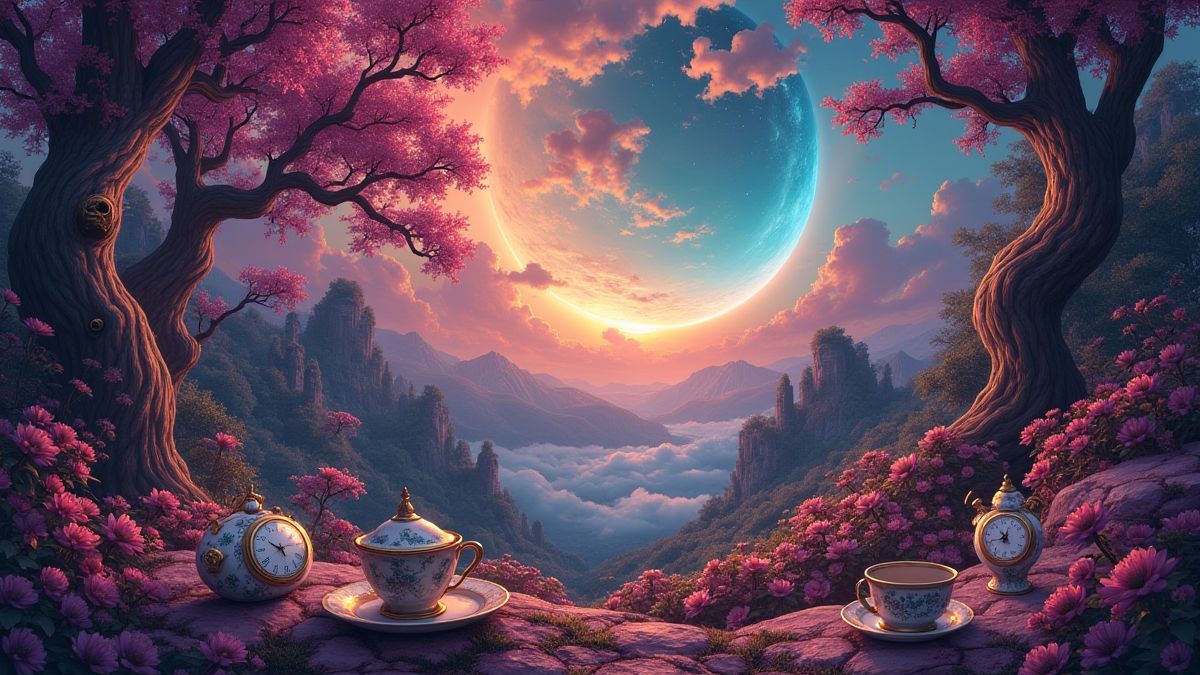 Um País de las Maravilhas psicodélico com teteras e relógios de bolso.