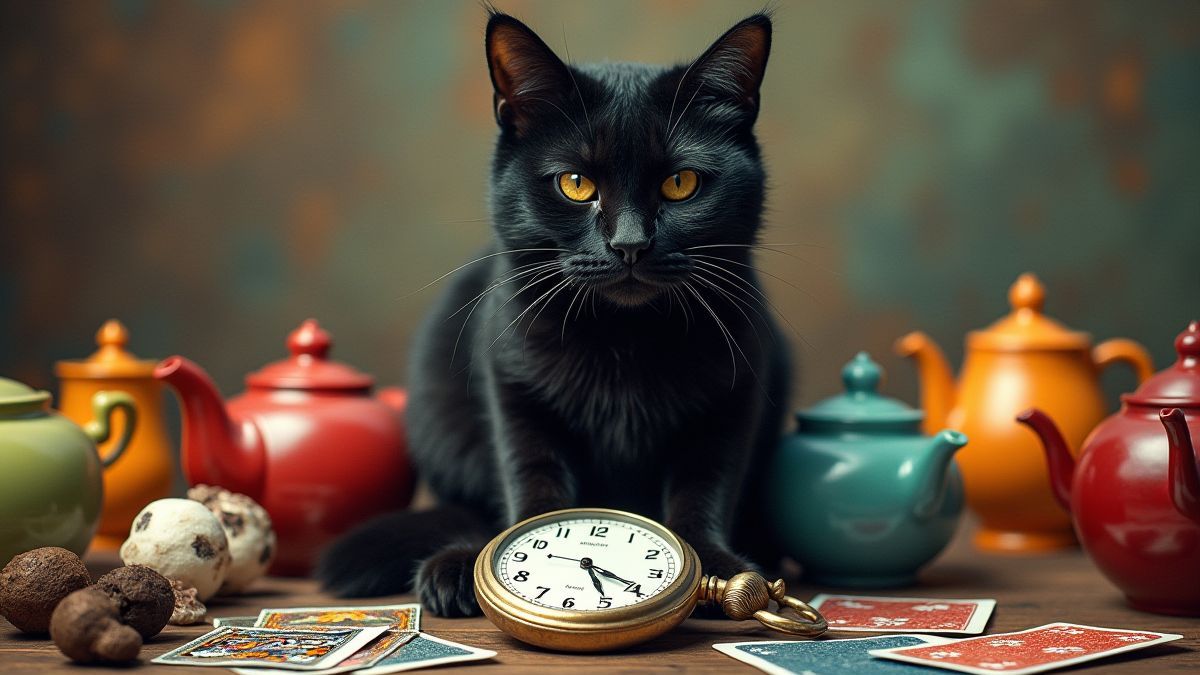 Um gato negro junto a um relógio de bolso e teteras coloridas.