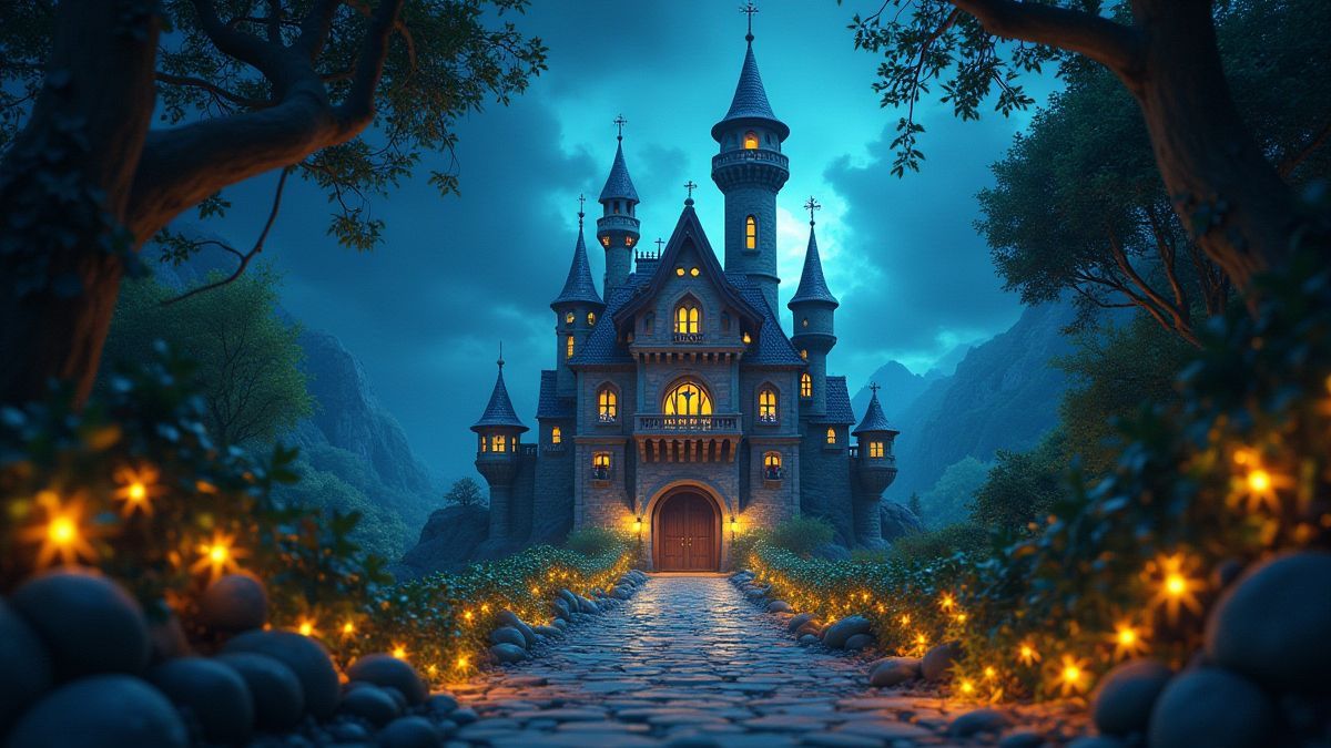 Ein Märchenschloss umgeben von magischen Ranken.