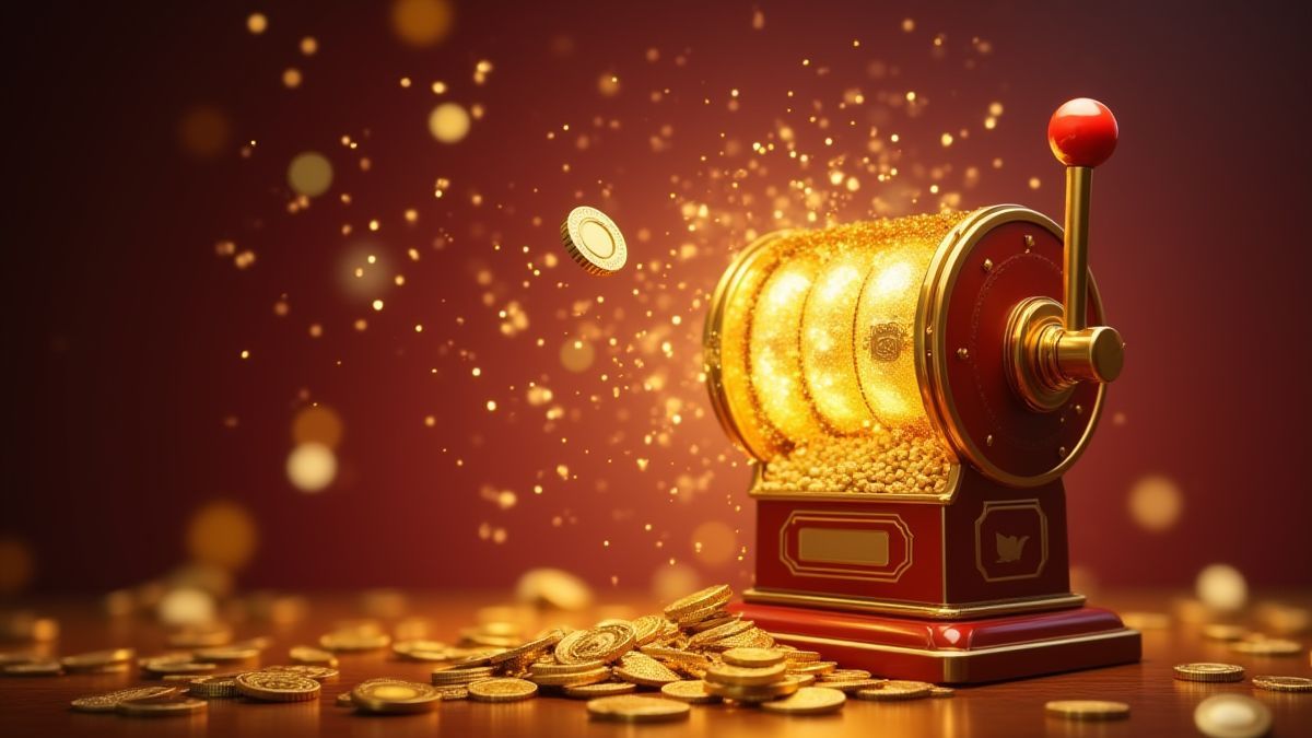 Goldene Münzen und magische Funkeln um eine Spielautomaten.