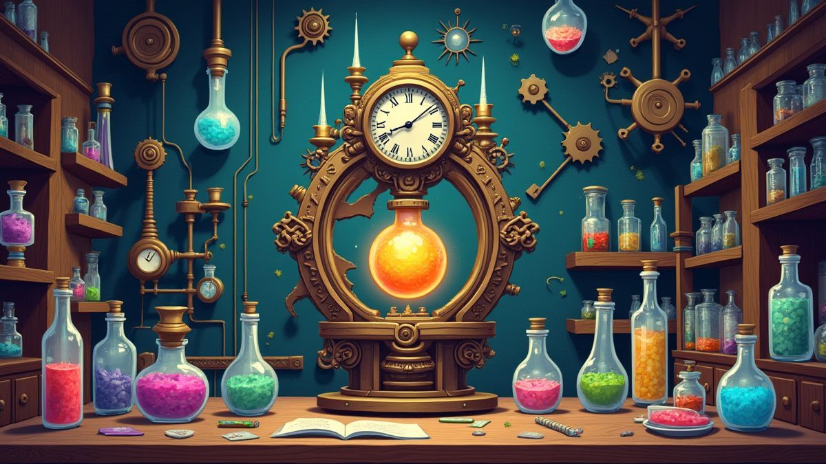 Un laboratorio lleno de pociones y engranajes con una máquina del tiempo en el centro.