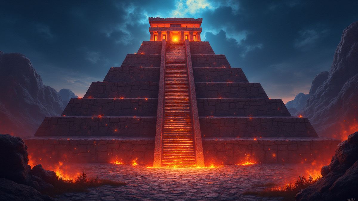 Templo azteca iluminado em um paisagem mágica noturna.