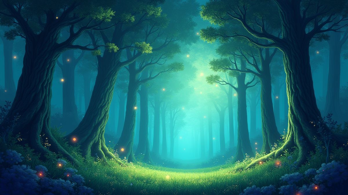 Un bosque mágico lleno de luces brillantes y árboles verdes esmeralda.