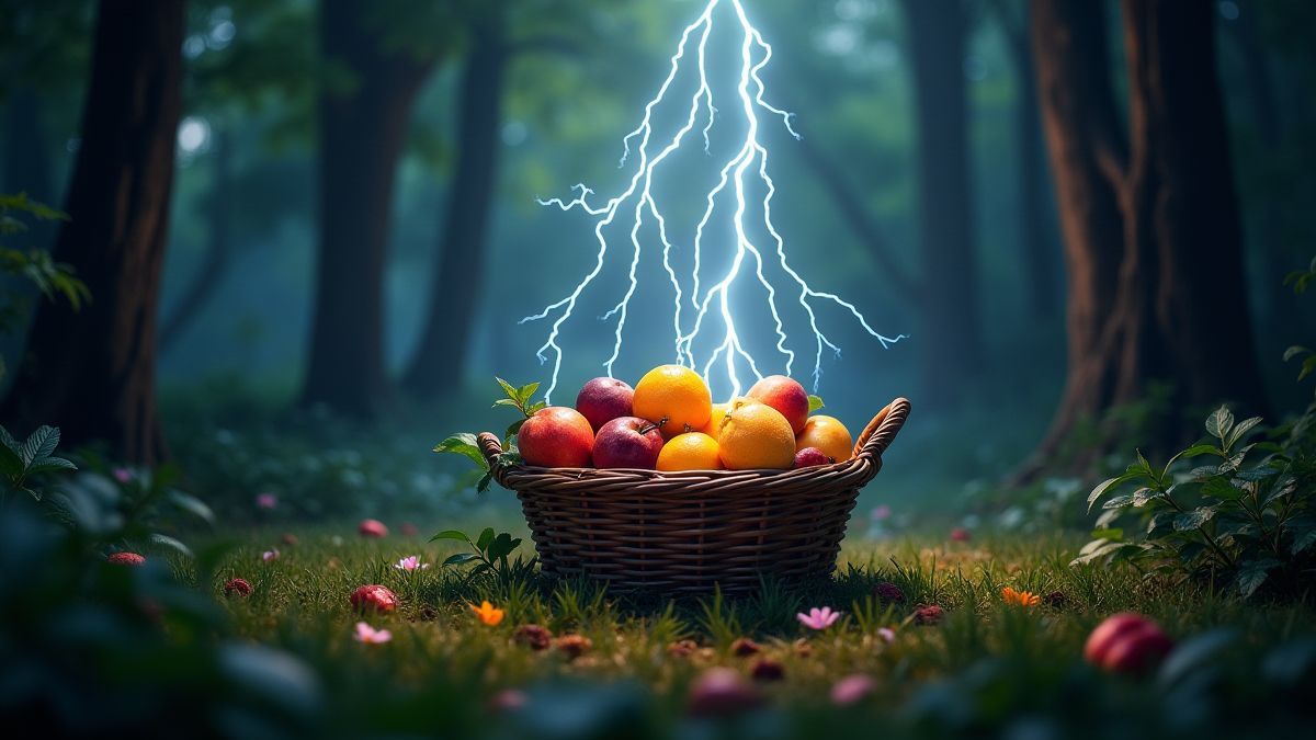 Blitze, die auf einen Obstkorb in einem magischen Wald einschlagen.