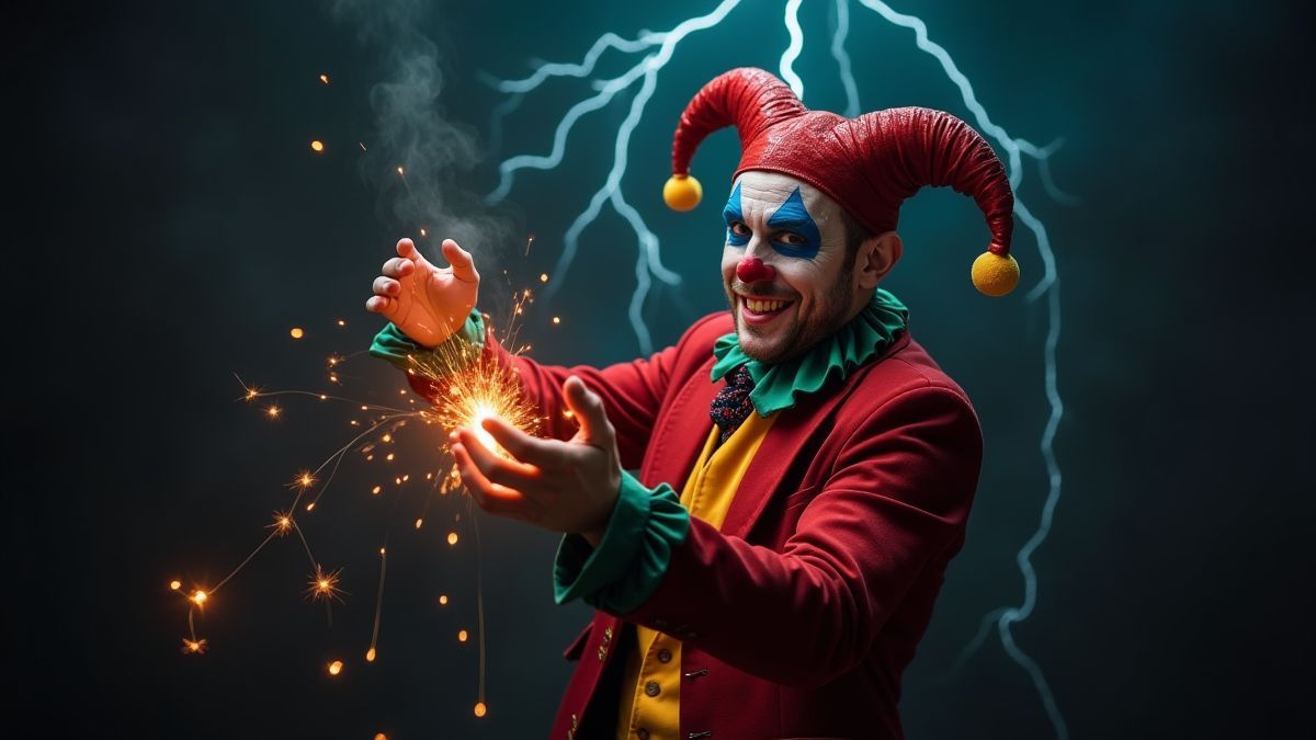 A jester performing a magic trick with lightning in the background.