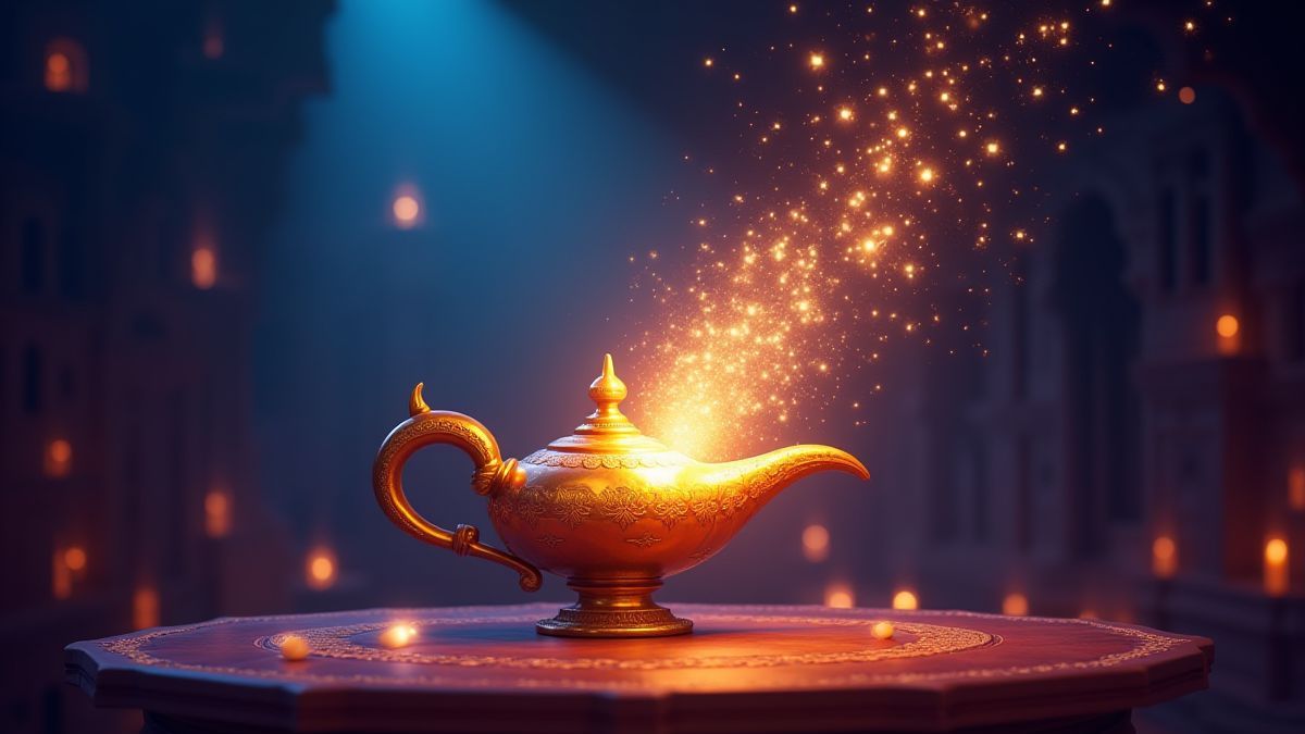 Gênio lançando chispas mágicas sobre uma máquina tragamonedas.