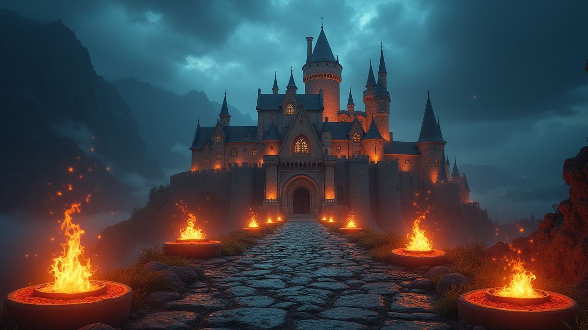 Un château médiéval entouré d'artefacts magiques brillants.