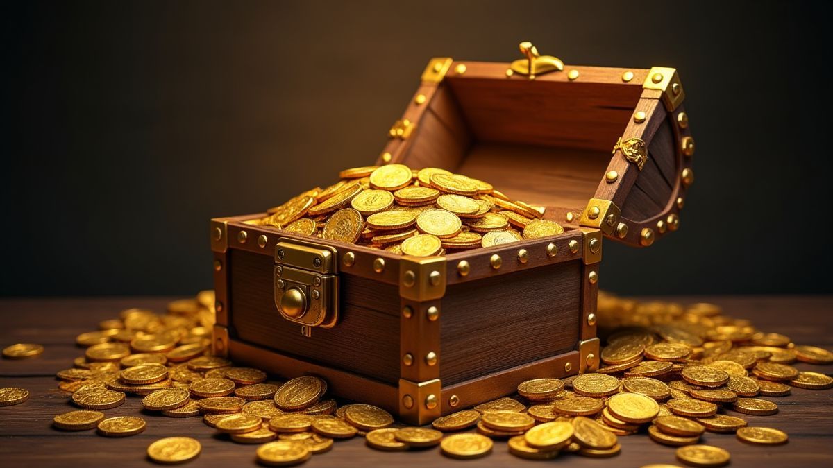 Un coffre au trésor rempli de pièces d'or et d'artefacts magiques.
